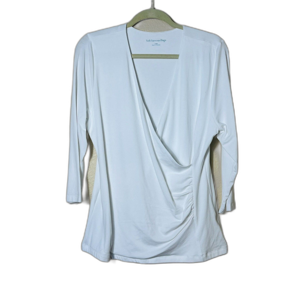 Soft Surroundings Size L White V-Neck Draped Side Wrap Long Sleeve Blouse Classy